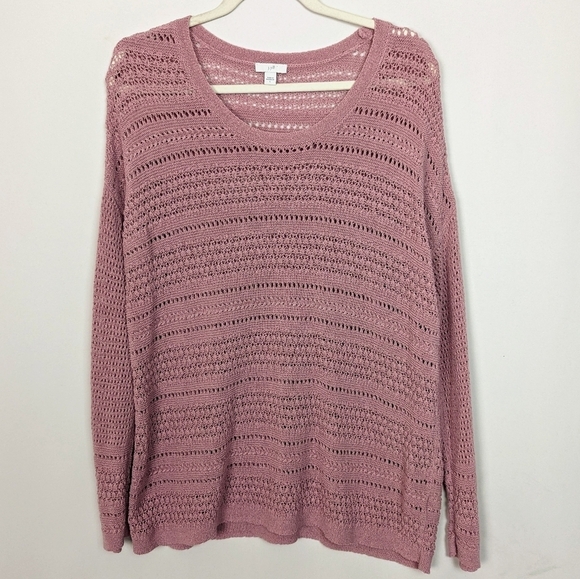 J. Jill L Dark Mauve Open Knit Sweater Crochet Pullover Cotton Nylon Oversized - Picture 1 of 10